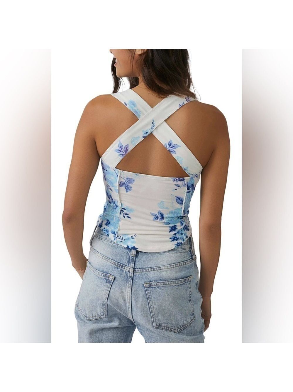 FREE PEOPLE Floral Ginger Snap Crossback Tank Blue & Ivory Combo - Picture 4 of 9